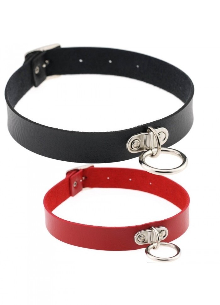 Collier 314-Cuir avec anneau rouge-noir en vente chez Sophie Libertine Vannes