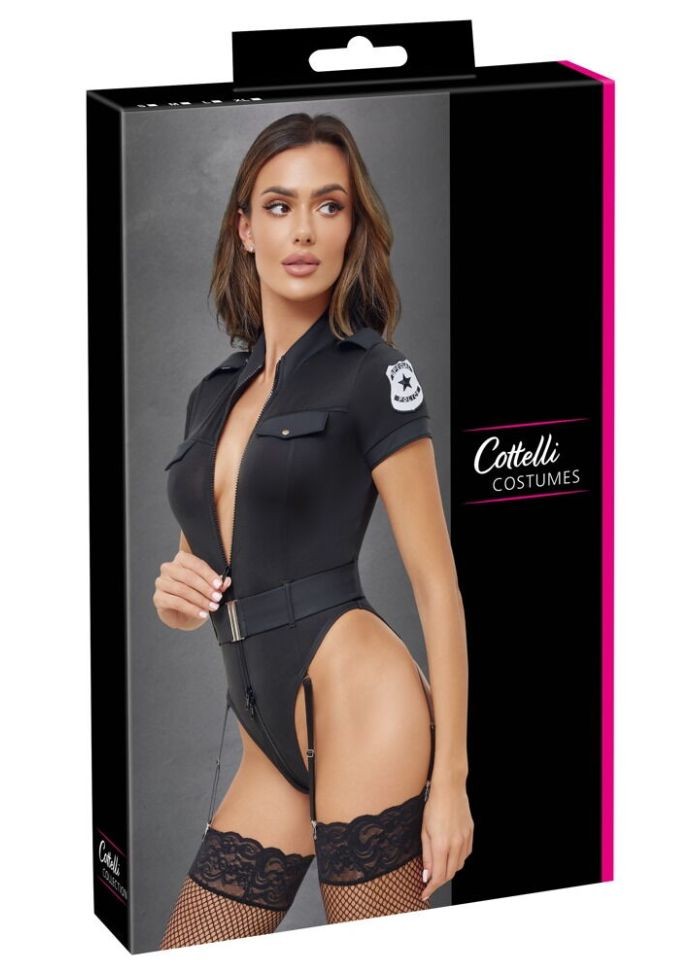 Body Police sexy Sophie Libertine à Vannes – effet vinyle brillant et badge suggestif pour jeux de rôle.