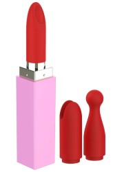 Vibromasseur rechargeable rouge a lèvres avec embouts en silicone de différentes formes