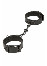 Paire de menottes en simili noir effet grainé - reliées entre elles par une chainette et un mousqueton