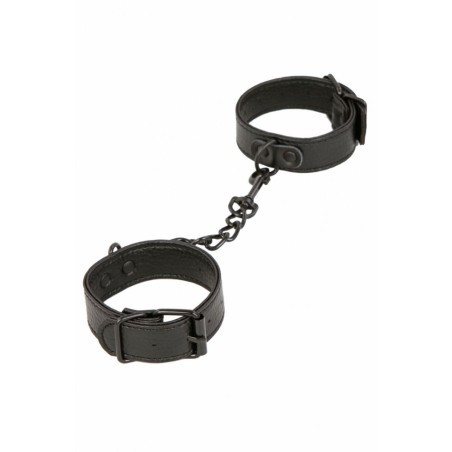Paire de menottes en simili noir effet grainé - reliées entre elles par une chainette et un mousqueton