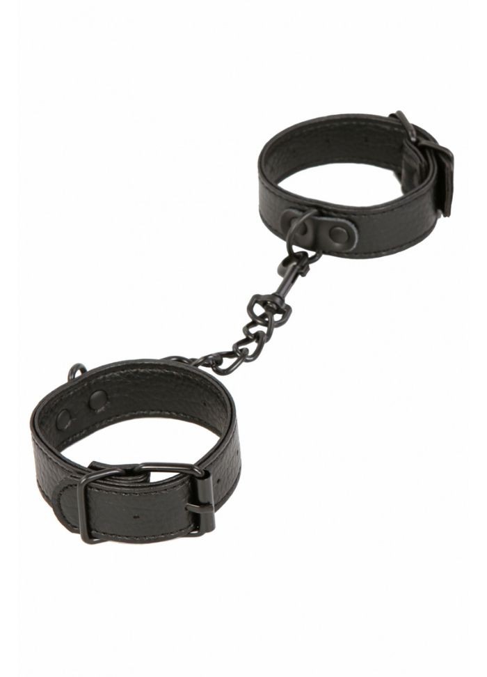 Paire de menottes en simili noir effet grainé - reliées entre elles par une chainette et un mousqueton