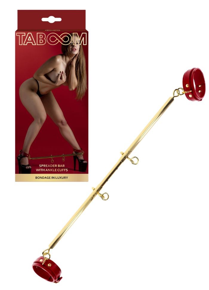Barre d’extension dorée avec paires de menottes rouge bordeaux pour chevilles en vente chez Sophie Libertine Vannes