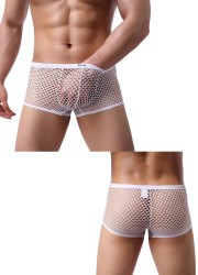 Vue arrière du boxer blanc en résille révélant la transparence sensuelle.