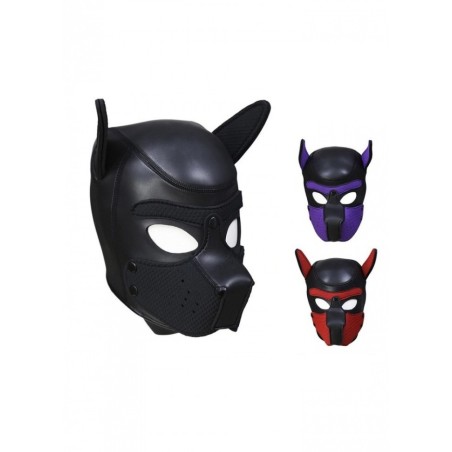 Cagoule masque chien caoutchouc et spandex noir noir-violet-rouge