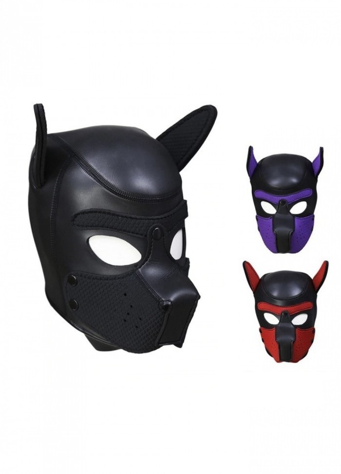 Cagoule masque chien caoutchouc et spandex noir noir-violet-rouge