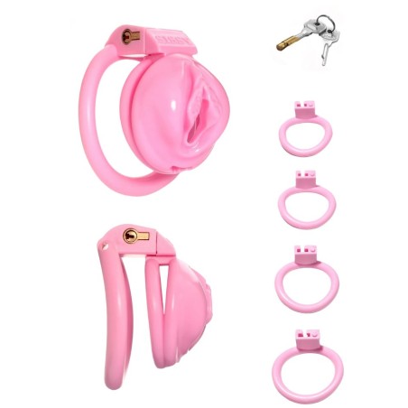 Cage de chasteté en PVC forme pussy rose pastel pour soumis - Sophie Libertine Vannes