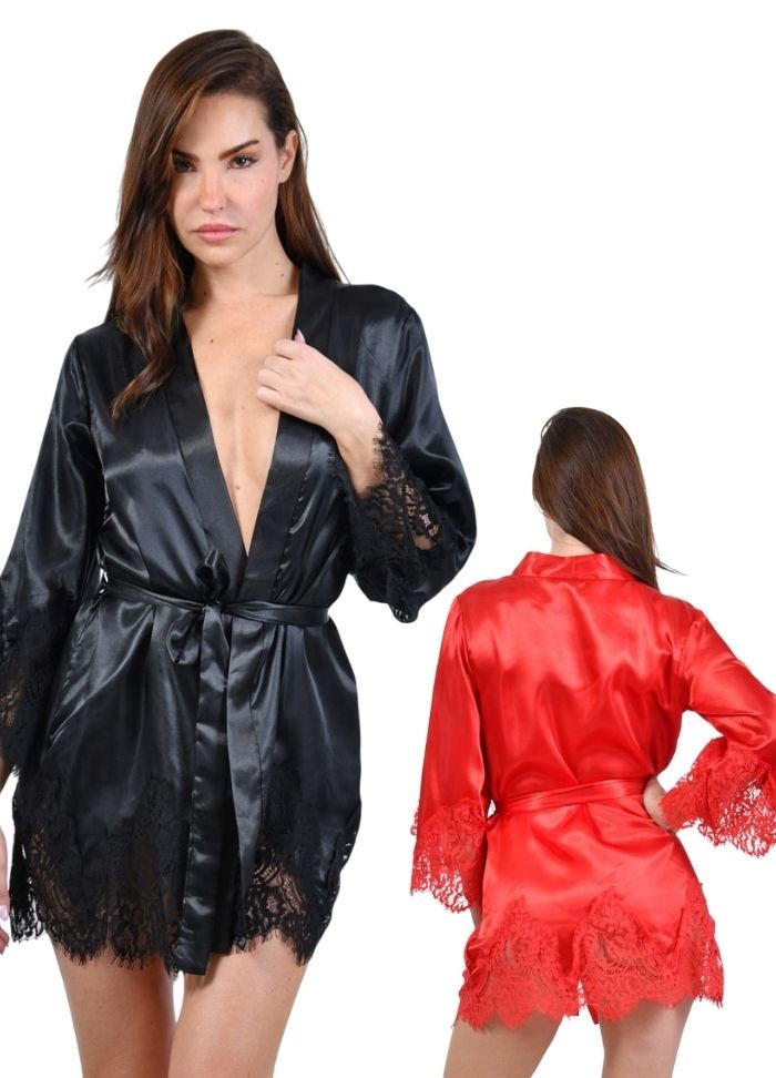Deshabille en satin noir ou rouge avec dentelle ton sur ton - sophie libertine Vannes