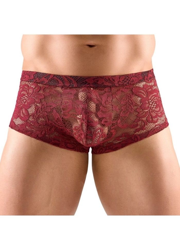 Lingerie sexy pour homme - Shorty en dentelle rouge bordeaux en vente chez Sophie Libertine Vannes
