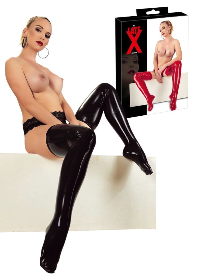 Paire de bas en latex noir ou rouge en vente à la boutique Sophie Libertine Vannes