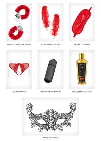 Coffret sexy pour couple edition saint valentin avec menottes, plumes, vidromasseur, huile de massage
