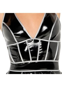 Robe courte et sexy pour femme ou travesti - Robe évasée en vinyl noir et détail argenté façon corset