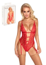 Body porte-jarretelles en dentelle rouge avec détails dorés - Sophie Libertine Vannes