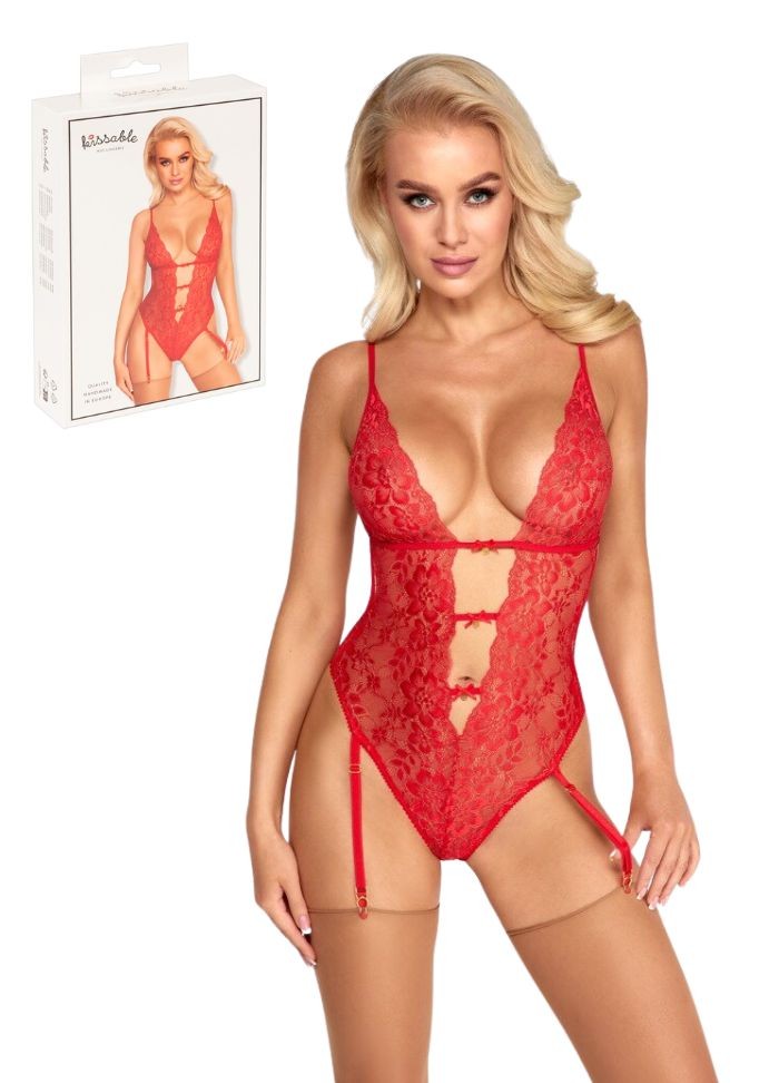 Body porte-jarretelles en dentelle rouge avec détails dorés - Sophie Libertine Vannes
