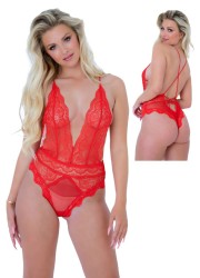 Lingerie sexy pour femme en dentelle rouge décolleté profond et dos nu -Sophie Libertine Vannes