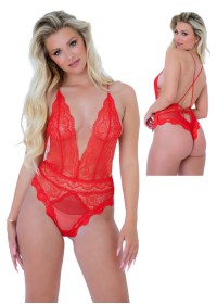 Lingerie sexy pour femme en dentelle rouge décolleté profond et dos nu -Sophie Libertine Vannes