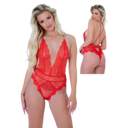 Lingerie sexy pour femme en dentelle rouge décolleté profond et dos nu -Sophie Libertine Vannes