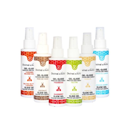 Gel lubrifiant fabriqué en France à base d'huile végétale et d'aloe vera comestible et aromatisé pour des moments d'extases