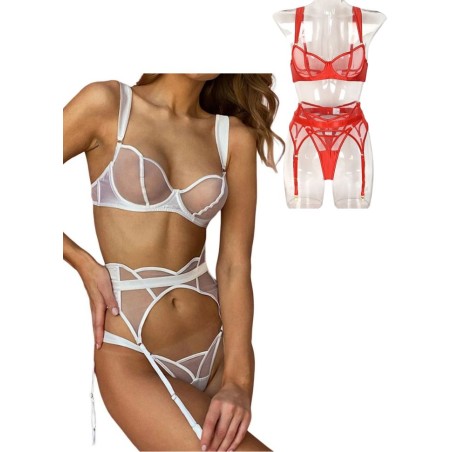 Lingerie sexy pour femme - ensemble trois pièces Porte-jarretelle, string et soutien-gorge