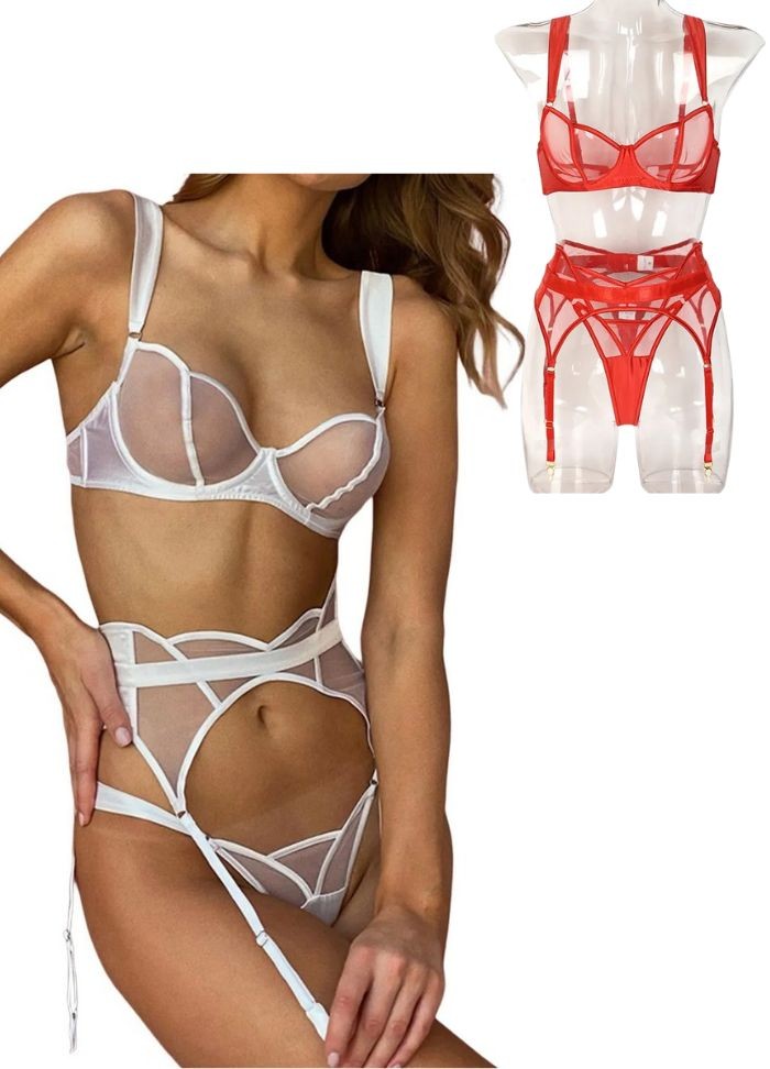 Lingerie sexy pour femme - ensemble trois pièces Porte-jarretelle, string et soutien-gorge