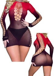 Robe sexy pour femme à petit prix robe filet rouge et noire à manches longues - Sophie Libertine