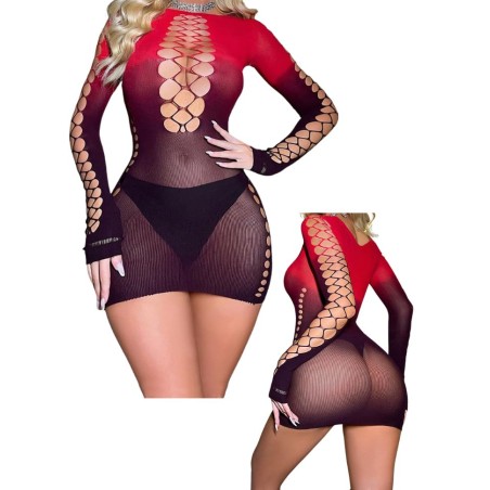 Robe sexy pour femme à petit prix robe filet rouge et noire à manches longues - Sophie Libertine
