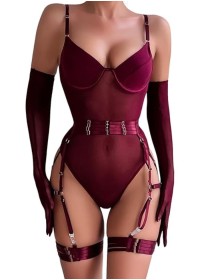 Body sexy pour femme en tulle rouge bordeaux avec porte-jarretelle et tour de cuisses - Sophie Libertine Vannes