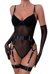 Lingerie coquine pour femme body en tulle noir transparent avec porte-jarretelles en vente chez Sophie Libertine