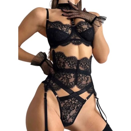 Ensemble de lingerie 5 pièces en dentelle noire - Sophie Libertine Vannes