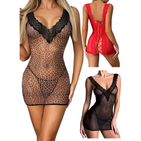 Robe lingerie sexy pour femme en tulle transparent noir, rouge ou léopard - Taille S à XL