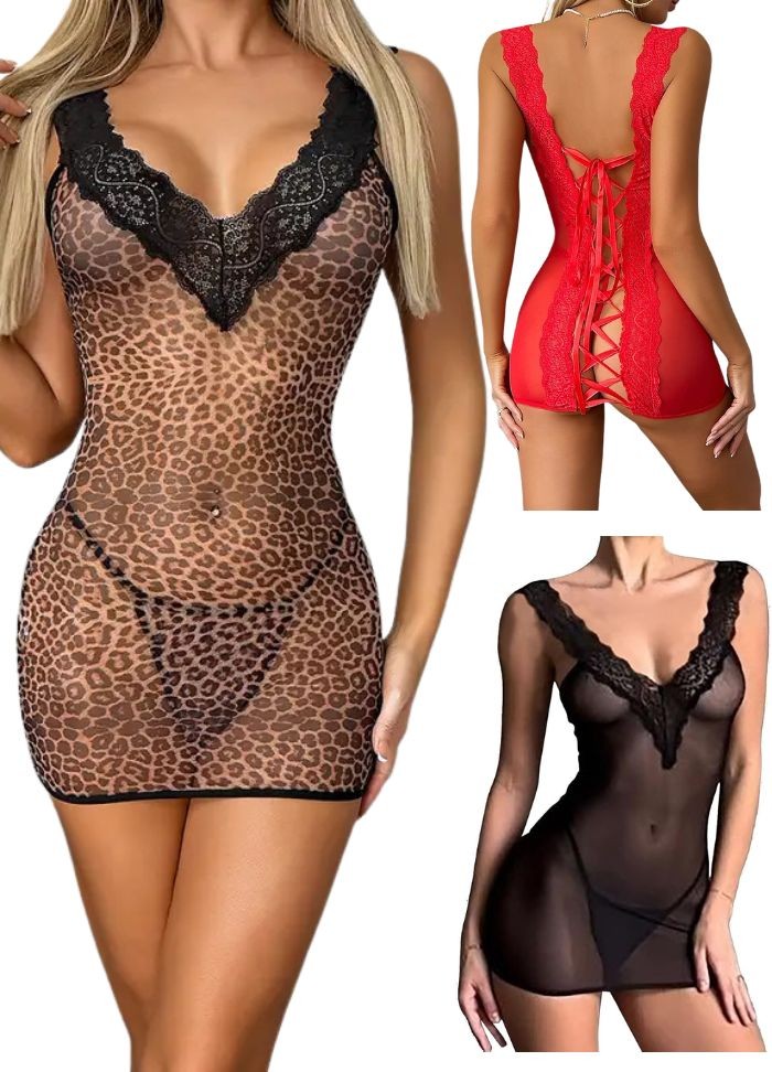 Robe lingerie sexy pour femme en tulle transparent noir, rouge ou léopard - Taille S à XL