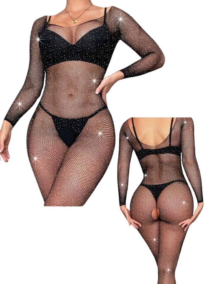 Combinaison sexy en résille noire simple avec strass sur tout le corps - Sophie Libertine Vannes