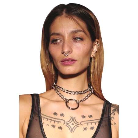 Collier étrangleur pour soumis et soumises en cuir noir avec chaine argenté