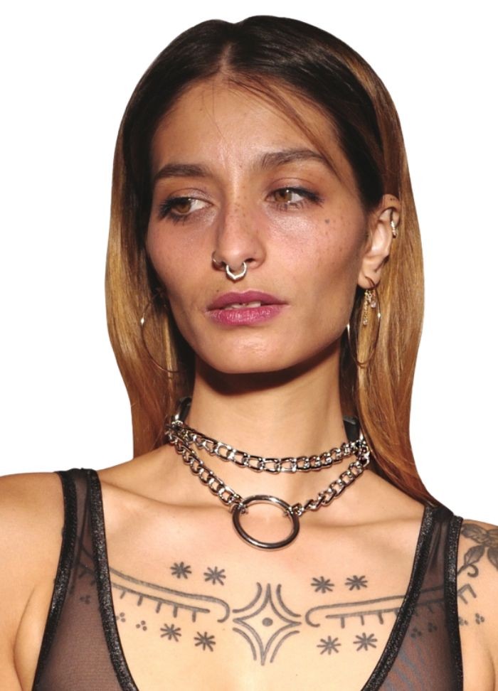 Collier étrangleur pour soumis et soumises en cuir noir avec chaine argenté