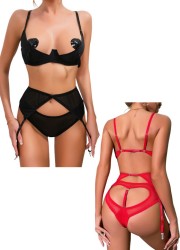 Ensemble sexy soutien-gorge redresse-sein en tulle noir avec culotte ouverte sur les fesses et porte-jarretelles