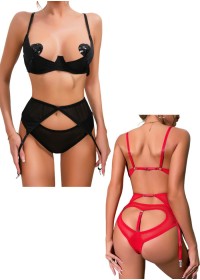 Ensemble sexy soutien-gorge redresse-sein en tulle noir avec culotte ouverte sur les fesses et porte-jarretelles