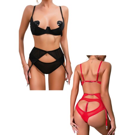 Ensemble sexy soutien-gorge redresse-sein en tulle noir avec culotte ouverte sur les fesses et porte-jarretelles