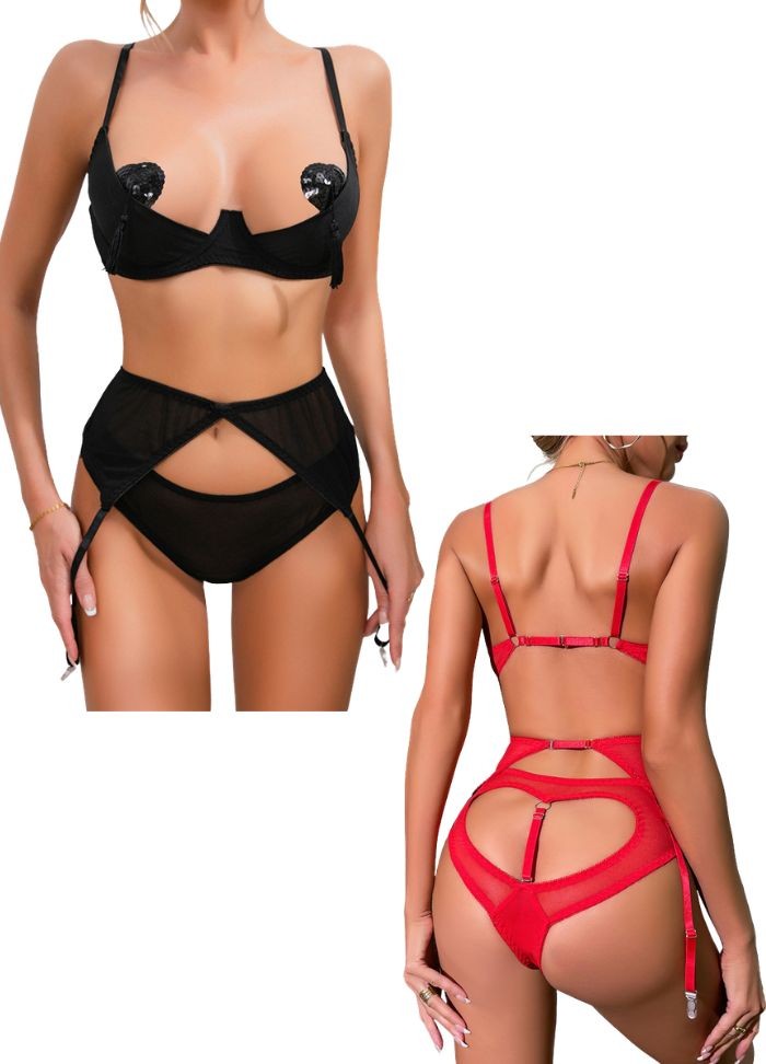 Ensemble sexy soutien-gorge redresse-sein en tulle noir avec culotte ouverte sur les fesses et porte-jarretelles