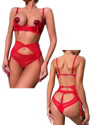 Lingerie sexy pour femme ensemble trois pièces rouge avec redresse sein, culotte et pj