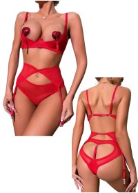 Lingerie sexy pour femme ensemble trois pièces rouge avec redresse sein, culotte et pj