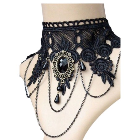 Collier ras de cou noir en dentelle asymétrique avec breloques, camé et chainette - Sophie Libertine Vannes