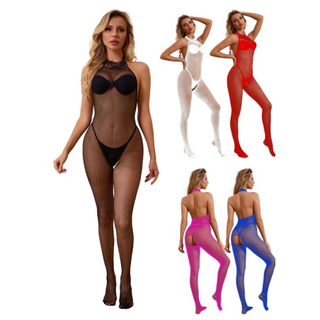 Combinaison ouverte en résille noire rouge fuchsia blanc ou bleu - Sophie Libertine Vannes