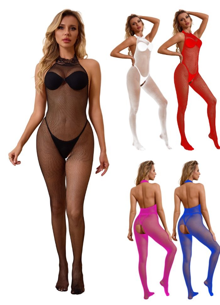 Combinaison ouverte en résille noire rouge fuchsia blanc ou bleu - Sophie Libertine Vannes