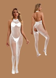 Combinaison ouverte en résille blanche avec dos nu - Sophie Libertine Vannes