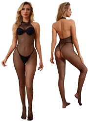 Combinaison ouverte en résille noire avec dos nu et tour de cou en vente chez Sophie Libertine Vannes