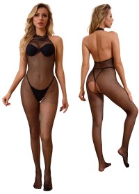 Combinaison ouverte en résille noire avec dos nu et tour de cou en vente chez Sophie Libertine Vannes