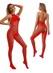 Combinaison ouverte en résille rouge avec tour de cou en dentelle - Sophie Libertine Vannes