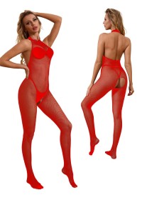 Combinaison ouverte en résille rouge avec tour de cou en dentelle - Sophie Libertine Vannes