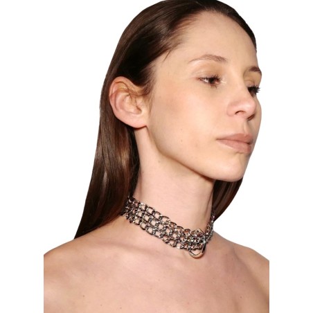 Collier Femme en cuir noir et chaine argenté avec anneau d'attache - Sophie Libertine Lorient