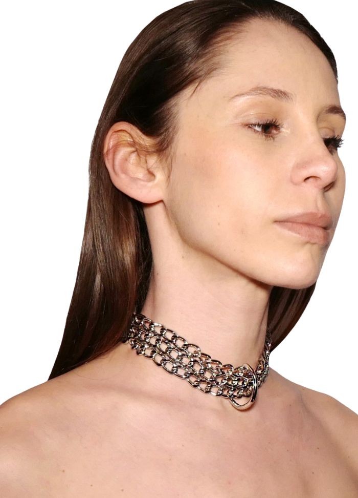 Collier Femme en cuir noir et chaine argenté avec anneau d'attache - Sophie Libertine Lorient